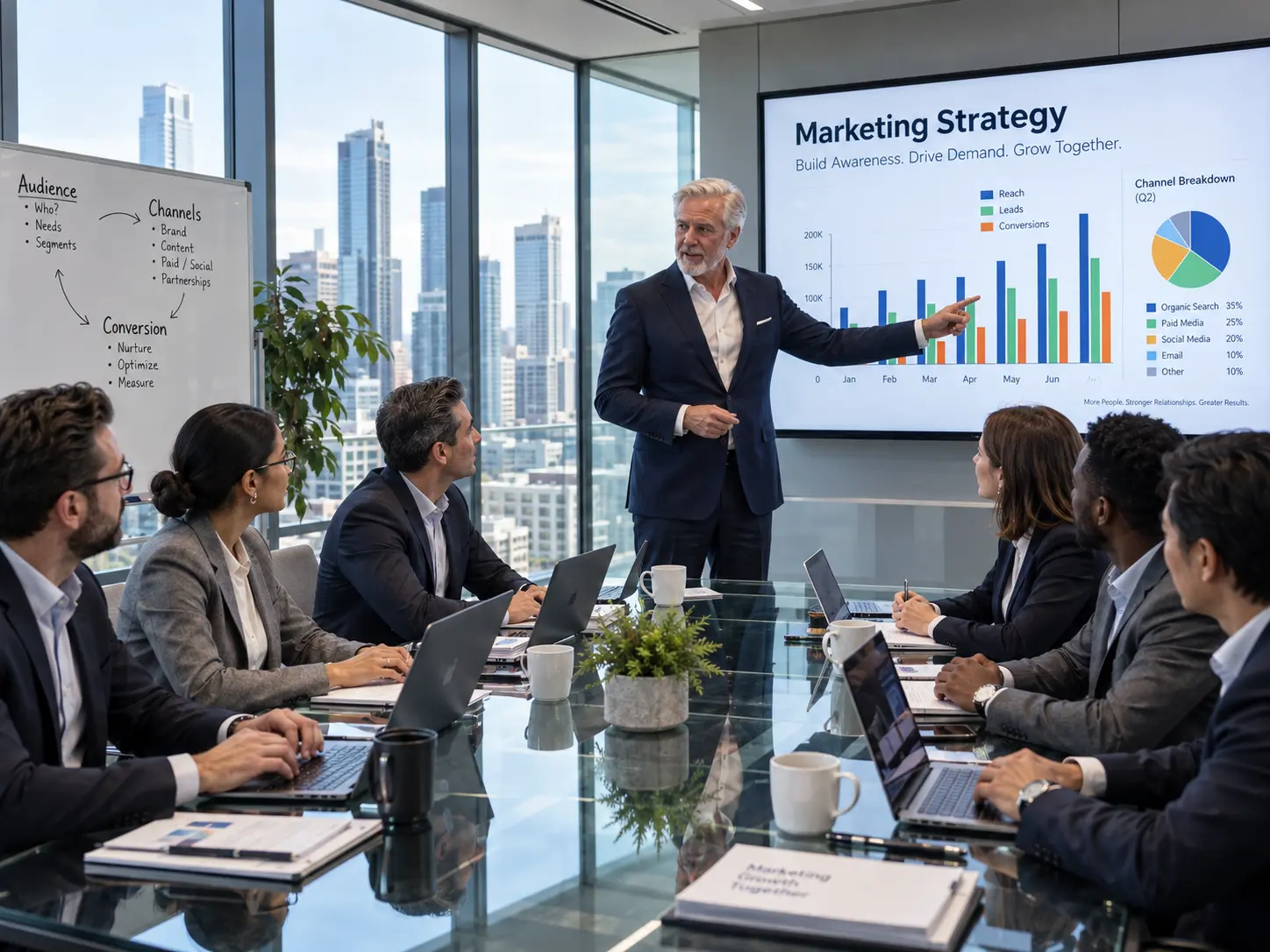 Business leadership team reviewing growth strategy in a modern conference room